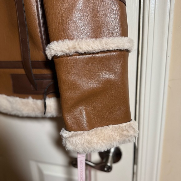 Choosy Amelia Shearling Jacket Aviator Vegan Faux Leather with Cream Accents XL - Picture 9 of 16